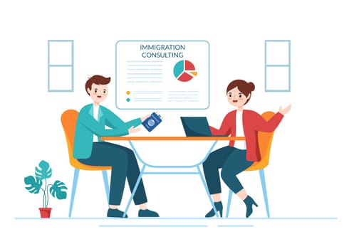 Immigration Consultant Template Hand Drawn Cartoon Flat Illustration Counseling Assistance for Provide Advice to People Who Will Make the Move