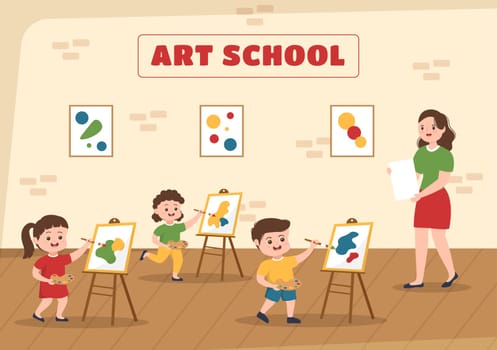 Art School of Painting with Live Model or Object using Tools and Equipment in Template Hand Drawn Cartoon Flat Illustration