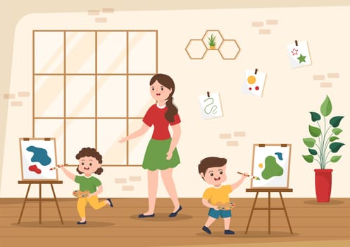Art School of Painting with Live Model or Object using Tools and Equipment in Template Hand Drawn Cartoon Flat Illustration