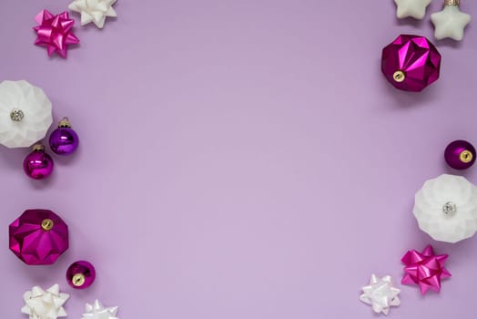 Christmas Card With Copy Space For Your Text. Purple Christmas Background With Romantic And Brilliant Decoration Like Balls.
