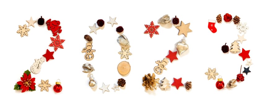 Colorful Christmas Decoration Letter Building English Word 2023. Festive Ornament Like Christmas Tree, Star And Ball. White Isolated Background