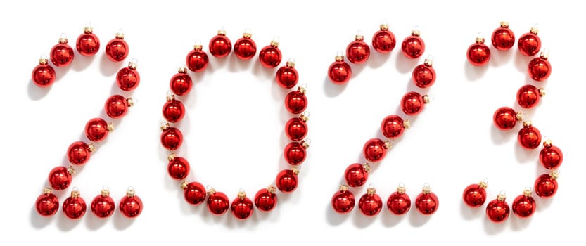Red Christmas Ball Ornament Building 2023. Festive Christmas Decoration. White Isolated Background