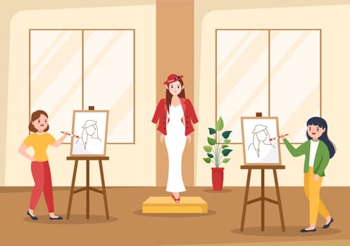 Art School of Painting with Live Model or Object using Tools and Equipment in Template Hand Drawn Cartoon Flat Illustration