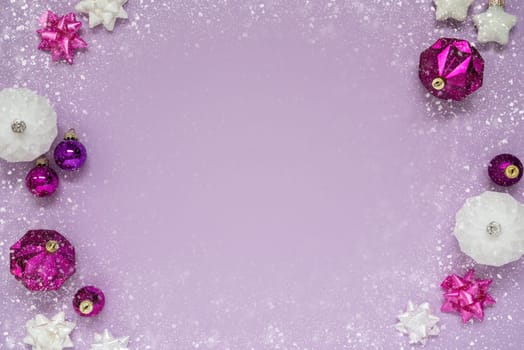 Christmas Card With Copy Space For Your Text. Purple Christmas Background With Romantic And Brilliant Decoration Like Balls And Snowflakes