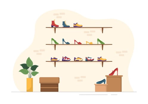 Shoe Store with New Collection Men or Women Various Models or Colors of Sneakers and High Heels in Flat Cartoon Hand Drawn Templates Illustration