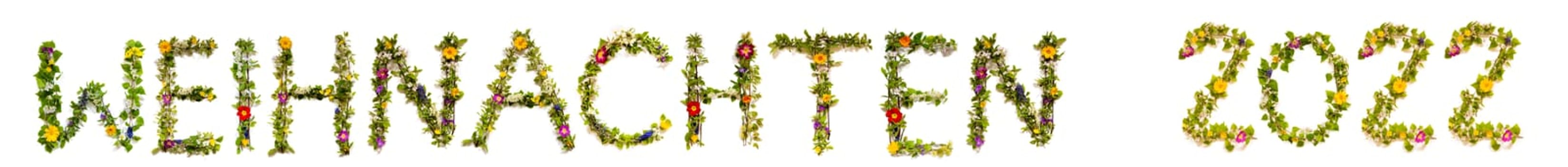 Flower, Branches And Blossom Letter Building German Word Weihnachten 2022 Means Christmas 2022. White Isolated Background