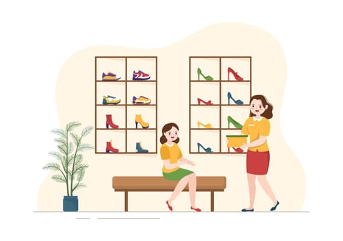 Shoe Store with New Collection Men or Women Various Models or Colors of Sneakers and High Heels in Flat Cartoon Hand Drawn Templates Illustration