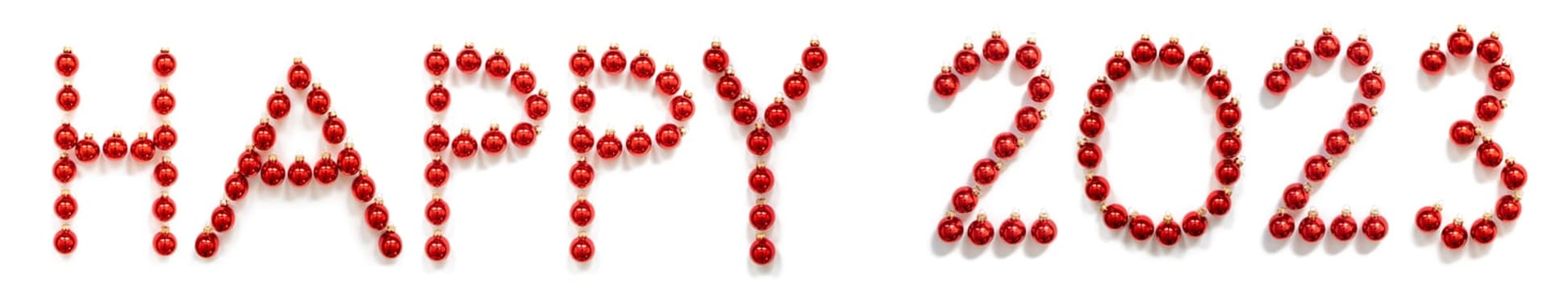 Red Christmas Ball Ornament Building English Word Happy 2023. Festive Christmas Decoration. White Isolated Background