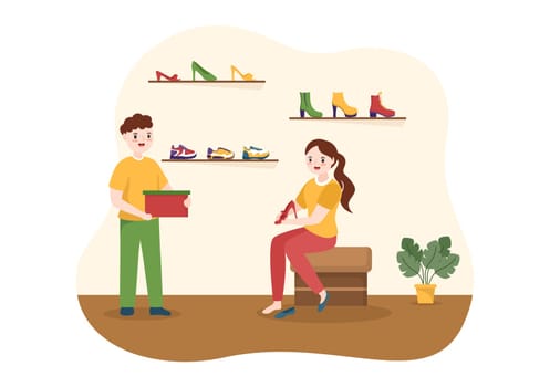Shoe Store with New Collection Men or Women Various Models or Colors of Sneakers and High Heels in Flat Cartoon Hand Drawn Templates Illustration