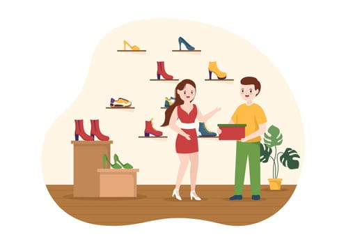 Shoe Store with New Collection Men or Women Various Models or Colors of Sneakers and High Heels in Flat Cartoon Hand Drawn Templates Illustration