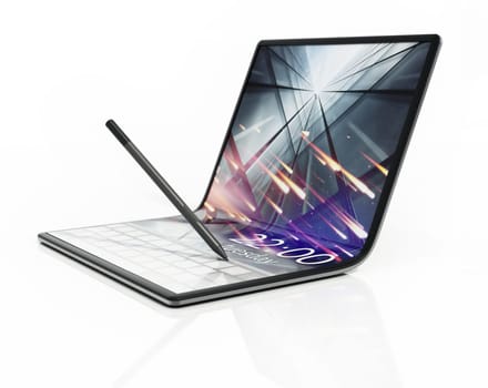 Foldable tablet computer and pen isolated on white background. 3D illustration.