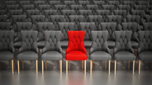 Red chair stands out among rows of gray fabric chairs. 3D illustration.