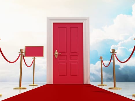 Red carpet and rope barriers leading to the door with blue sky and clouds background. 3D illustration.