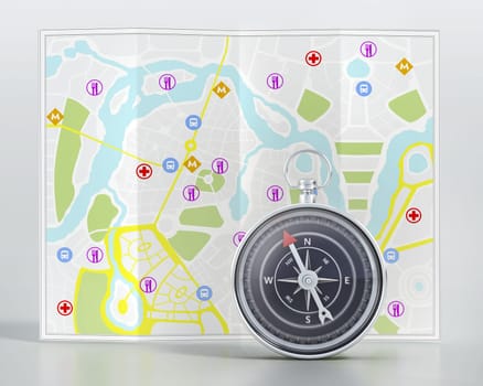 Compass and GPS navigation map with symbols. 3D illustration.