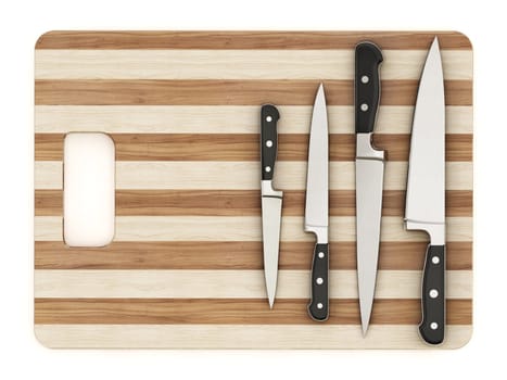 Wooden cutting board and knives isolated on white background. 3D illustration.