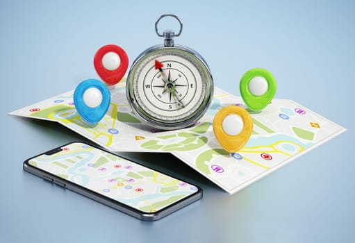 Smartphone, compass and GPS markers standing on navigation map. 3D illustration.