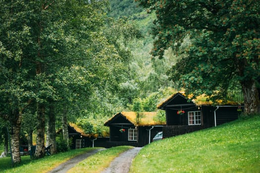 Traditional Norwegian Old Wooden Houses With Growing Grass On Roof. Cabins In Norway.