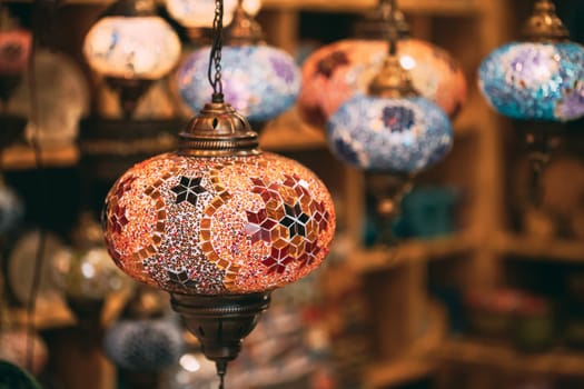 Turkey. Market With Many Traditional Colorful Handmade Turkish Lamps And Lanterns. Lanterns Hanging In Shop For Sale. Popular Souvenirs From Turkey.