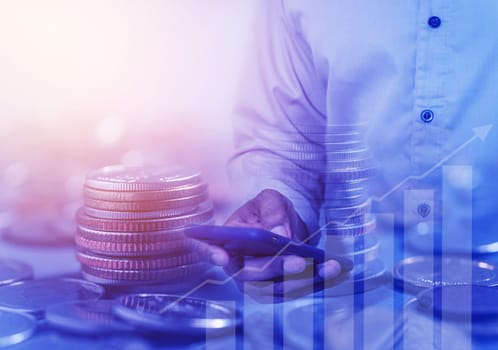 Duoble exposure, Investor online saving concept, Online Investment Savings, Online Stock Investors, Internet Financial Transactions, Save Monney for Investors Using Internet to Trade Stocks or Trade Fund