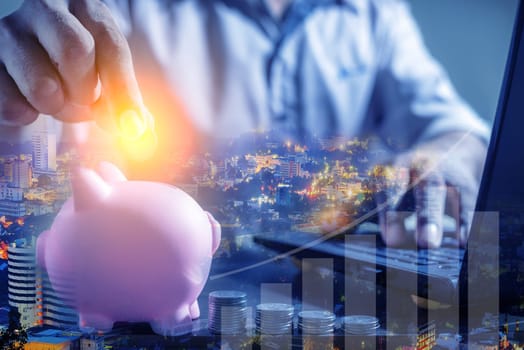 Duoble Exposure, Online Finance And Banking Savings Concept, Online Investment Savings, Online Stock Investors, Internet Financial Transactions, Save Monney for Investors Using Internet to Trade Stocks or Trade Fund