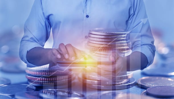 Duoble Exposure, Internet Banking Savings Concept, Online Investment Savings, Online Stock Investors, Internet Financial Transactions, Save Monney for Investors Using Internet to Trade Stocks or Trade Fund