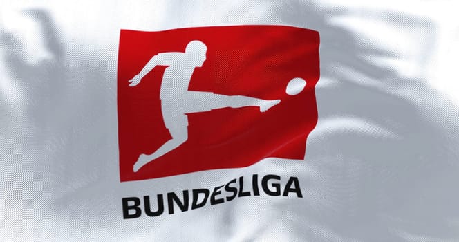 Munich, GER, July 2022: Close-up of the Bundesliga flag waving in the wind. Bundesliga is a professional association football league in Germany. Illustrative editorial