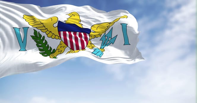 Flag of United States Virgin Islands waving on a clear day. The Virgin Islands of the US, are an unincorporated and organized territory of the US. Seamless loop in slow motion