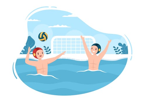 Water Polo Sport Player Playing to Throw the Ball on the Opponent's Goal in the Swimming Pool in Flat Cartoon Hand Drawn Templates Illustration