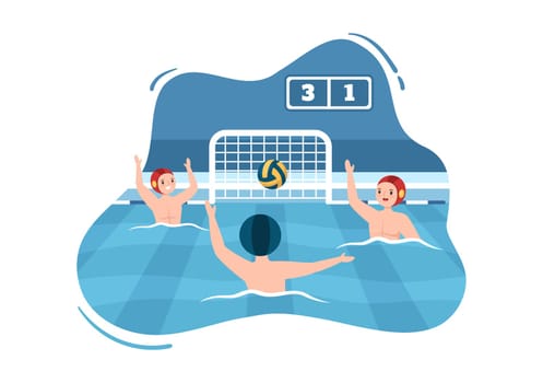 Water Polo Sport Player Playing to Throw the Ball on the Opponent's Goal in the Swimming Pool in Flat Cartoon Hand Drawn Templates Illustration