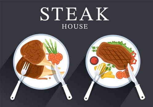 Steakhouse of Grilled Meat with Juicy Delicious Steak, Salad and Tomatoes for Barbecue in Flat Cartoon Hand Drawn Template Illustration