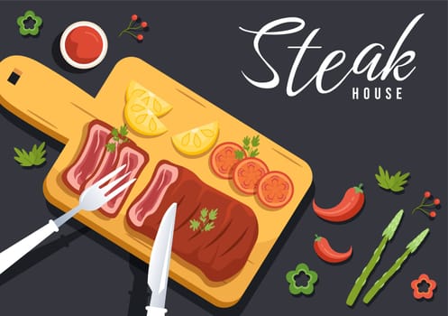 Steakhouse of Grilled Meat with Juicy Delicious Steak, Salad and Tomatoes for Barbecue in Flat Cartoon Hand Drawn Template Illustration