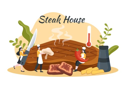 Steakhouse of Grilled Meat with Juicy Delicious Steak, Salad and Tomatoes for Barbecue in Flat Cartoon Hand Drawn Template Illustration