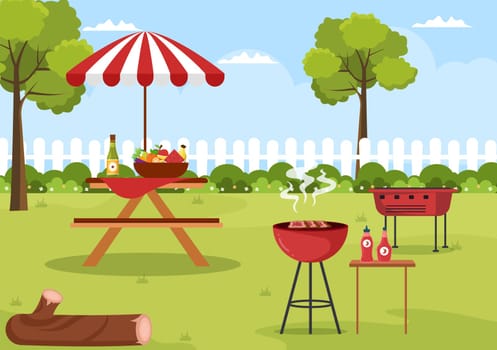 Steakhouse of Grilled Meat with Juicy Delicious Steak, Salad and Tomatoes for Barbecue in Flat Cartoon Hand Drawn Template Illustration