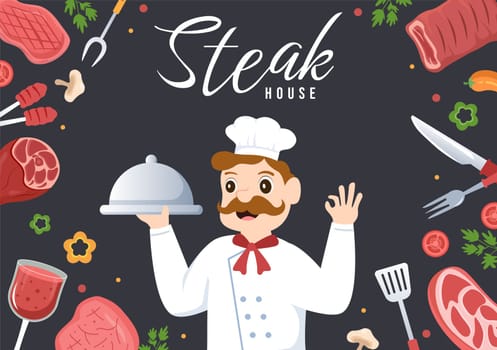 Steakhouse of Grilled Meat with Juicy Delicious Steak, Salad and Tomatoes for Barbecue in Flat Cartoon Hand Drawn Template Illustration