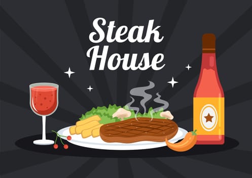 Steakhouse of Grilled Meat with Juicy Delicious Steak, Salad and Tomatoes for Barbecue in Flat Cartoon Hand Drawn Template Illustration