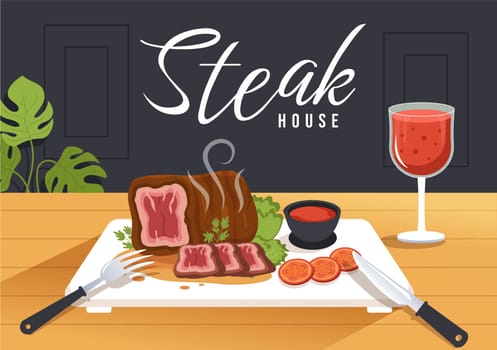 Steakhouse of Grilled Meat with Juicy Delicious Steak, Salad and Tomatoes for Barbecue in Flat Cartoon Hand Drawn Template Illustration