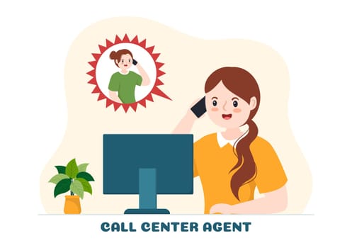 Call Center Agent of Customer Service or Hotline Operator with Headsets and Computers in Flat Cartoon Hand Drawn Templates Illustration