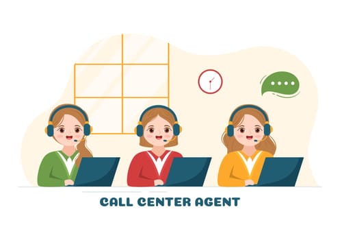 Call Center Agent of Customer Service or Hotline Operator with Headsets and Computers in Flat Cartoon Hand Drawn Templates Illustration