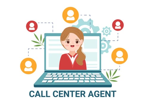 Call Center Agent of Customer Service or Hotline Operator with Headsets and Computers in Flat Cartoon Hand Drawn Templates Illustration