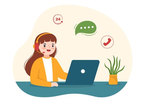 Call Center Agent of Customer Service or Hotline Operator with Headsets and Computers in Flat Cartoon Hand Drawn Templates Illustration