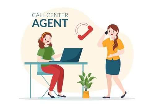 Call Center Agent of Customer Service or Hotline Operator with Headsets and Computers in Flat Cartoon Hand Drawn Templates Illustration