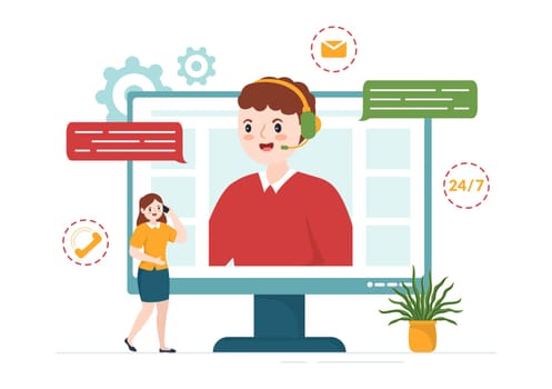 Call Center Agent of Customer Service or Hotline Operator with Headsets and Computers in Flat Cartoon Hand Drawn Templates Illustration