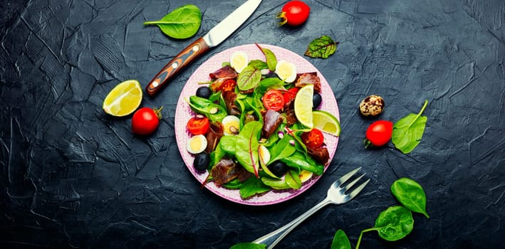 Delicious spring salad with greens, tomato, egg, lime slices of meat