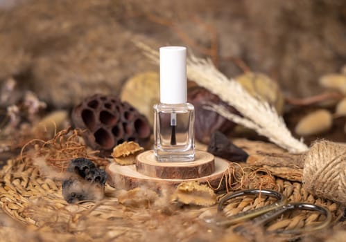 Refillable Bottle with Brush Cap on wood near natural boho decorations close up. Eco friendly Skincare or nail product. Bohemian composition with dried leaves and flowers.