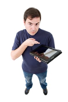 young casual man full body with a tablet, isolated