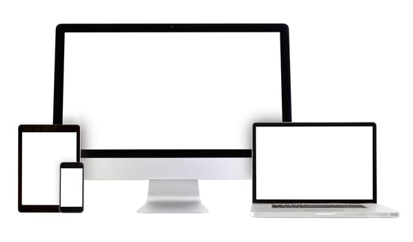 Modern monitor, computer, laptop, smartphone, tablet pc on a white background