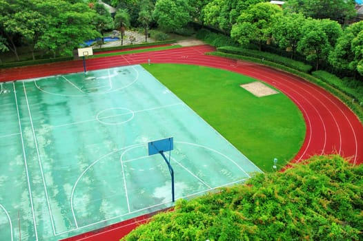 The aerial  view of outdoor basketball stadium