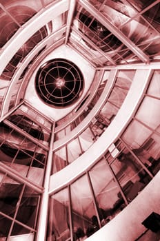 View from below of interior futuristic glass building