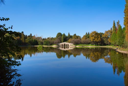 The reflection of forest, and bridge