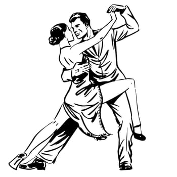 Man and woman dancing couple tango retro line art. Man and woman dancing couple tango retro line art. Graphics the emotions of love and hobby